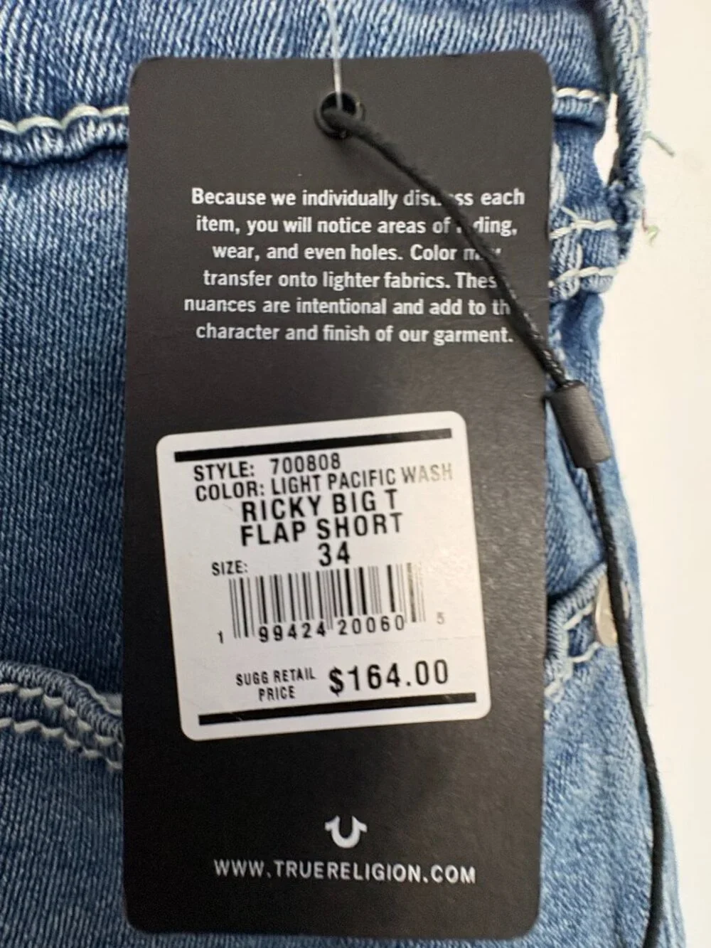 NWT True Religion Ricky Big T Flap Denim Shorts Light Pacific Wash Size 34